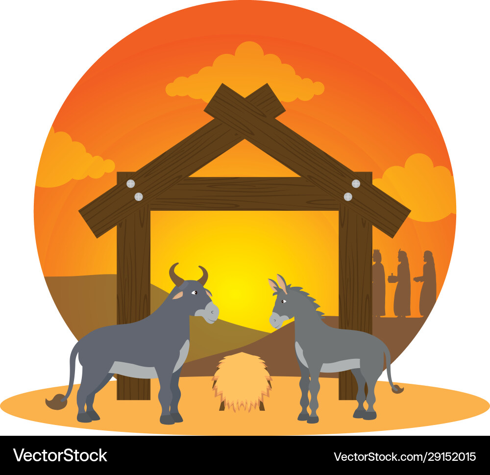 Mule and ox in stable manger characters Mule and ox in stable manger characters vector image