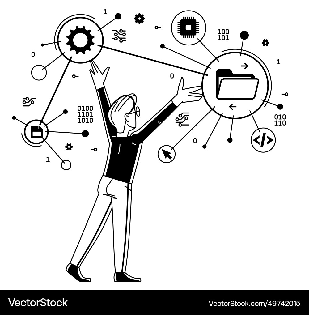 Programmer is coding and repairing some machine Programmer is coding and repairing some machine vector image
