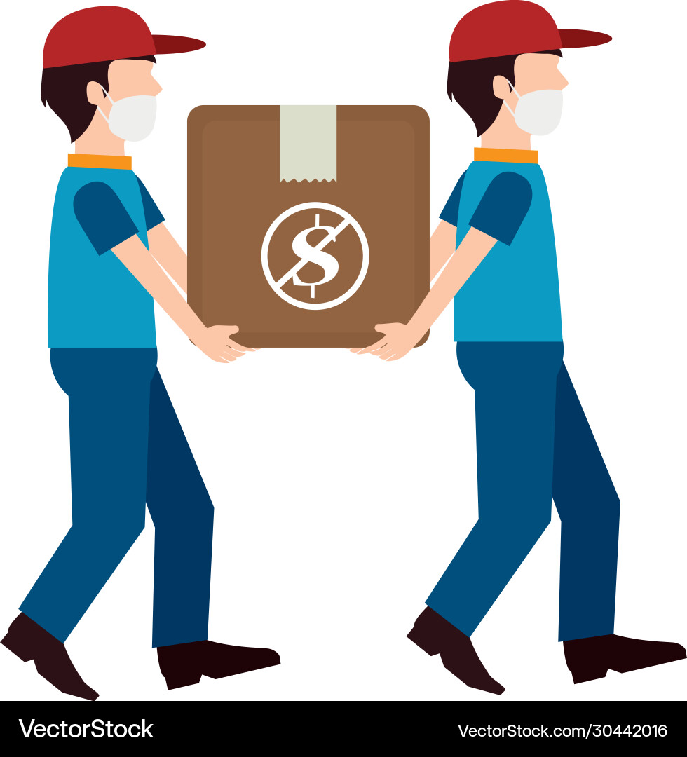 Delivery workers using face mask with box carton Vector Image
