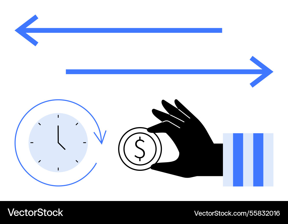 Hand exchanging dollar coin with clock and arrows Hand exchanging dollar coin with clock and arrows vector image