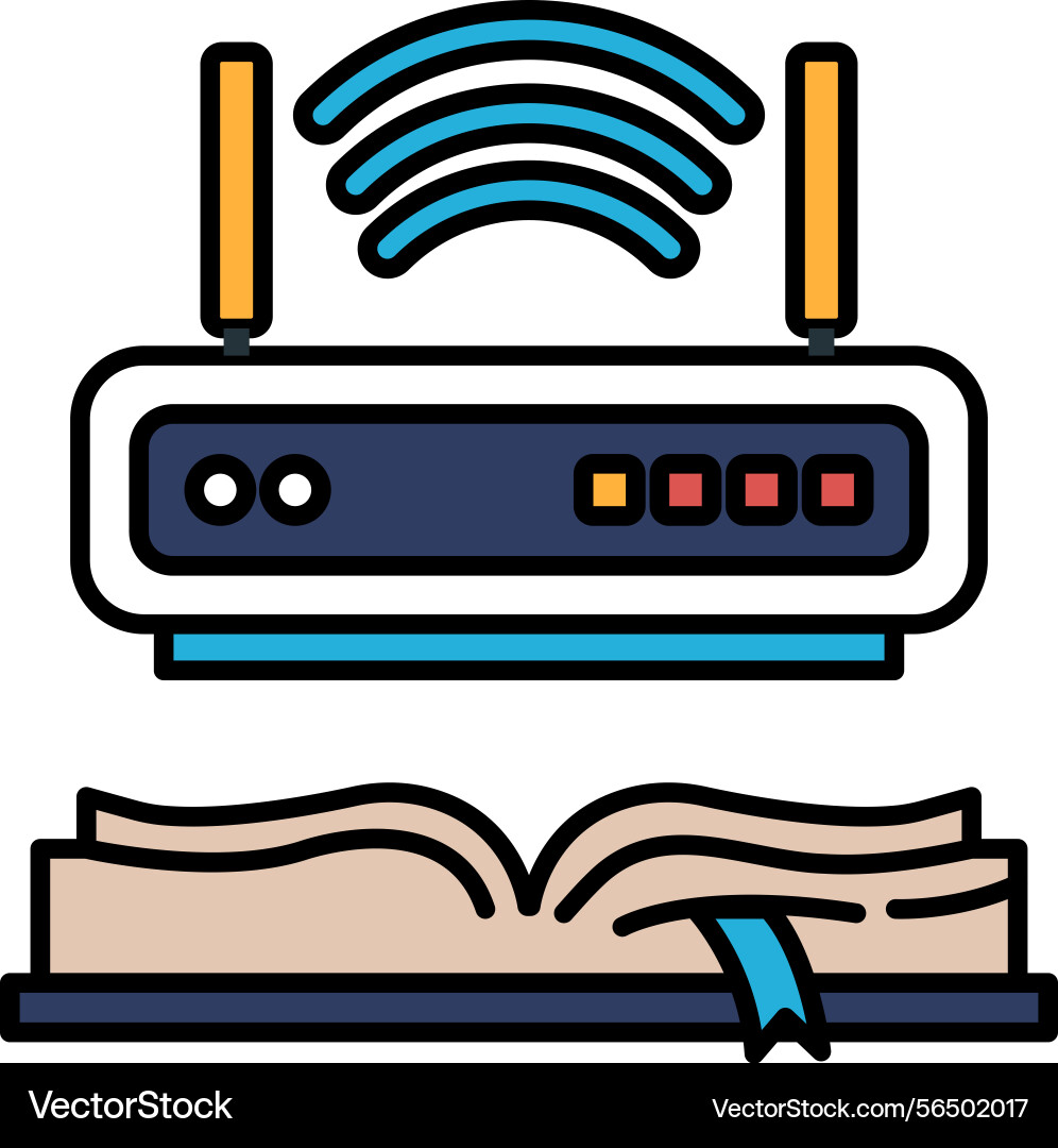 A wifi router is shown next to an open book Vector Image