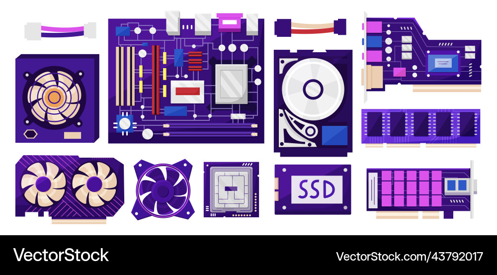Pc parts computer hardware collection processor Pc parts computer hardware collection processor vector image