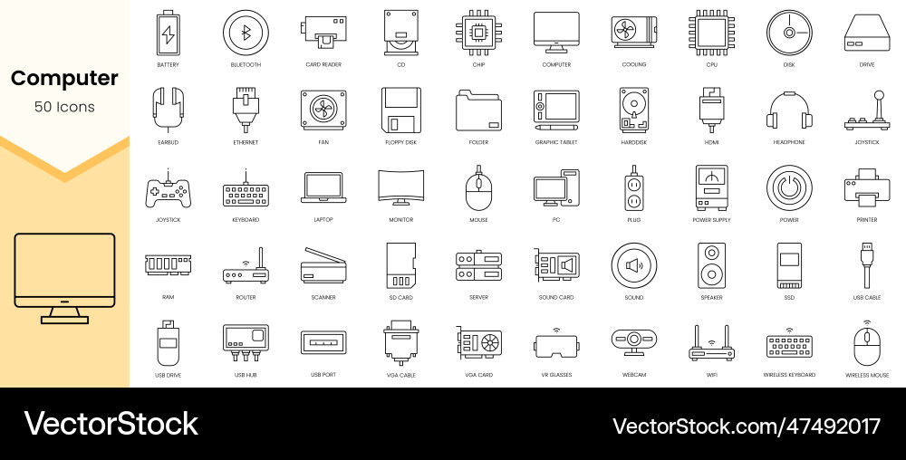 Simple outline set of computer icons linear style Simple outline set of computer icons linear style vector image