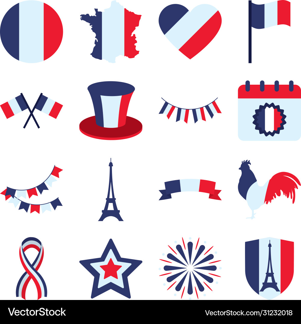 Eiffel tower and bastille day icon set flat style Eiffel tower and bastille day icon set flat style vector image