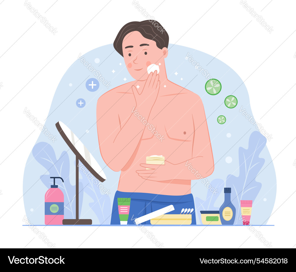 Man apply facial cream on face for skin treatment Man apply facial cream on face for skin treatment vector image