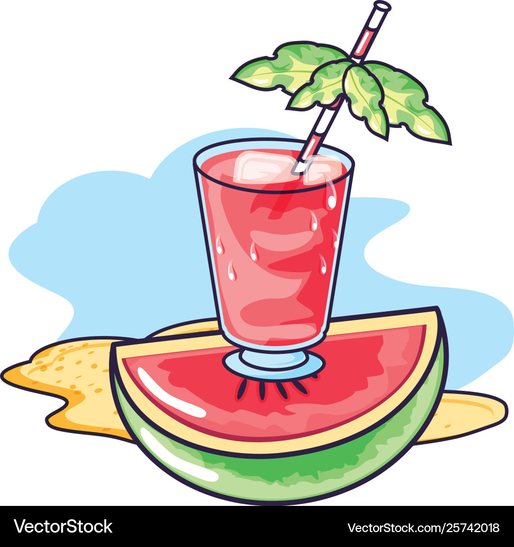 Refresh juice in beach with slice watermelon Vector Image