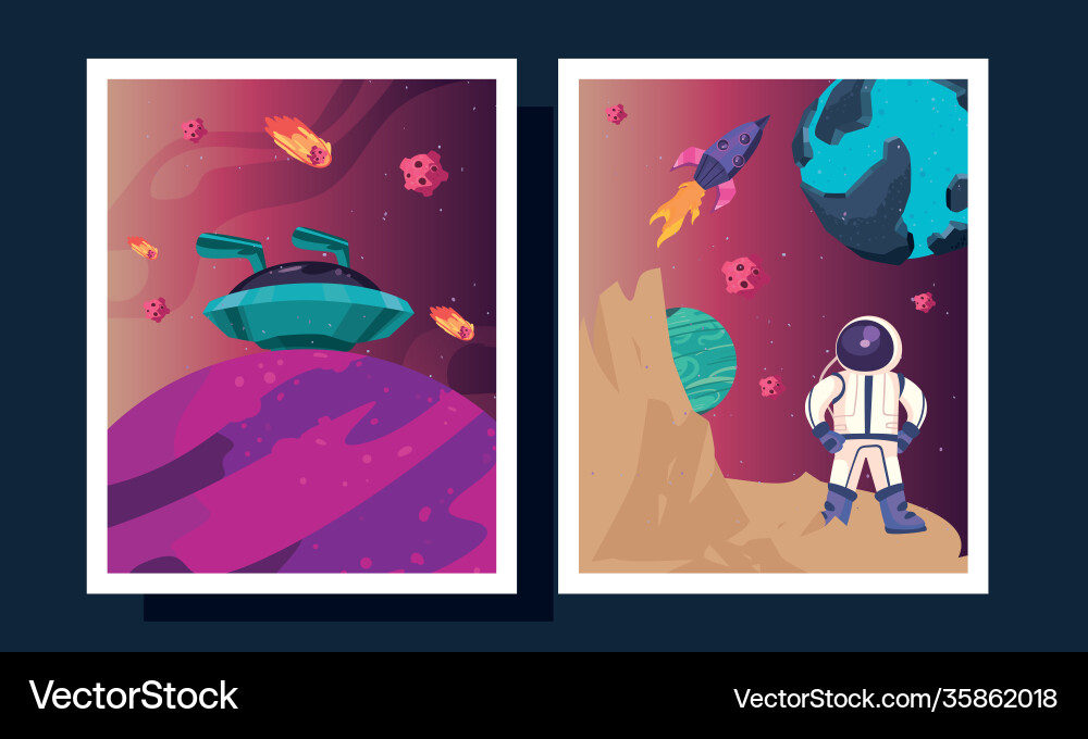 Space ufo and astronaut in frames design Space ufo and astronaut in frames design Vector Image