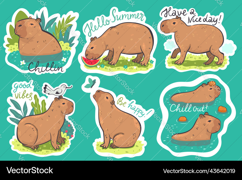Capybara Sticker Set - Cute Animals Royalty Free Vector