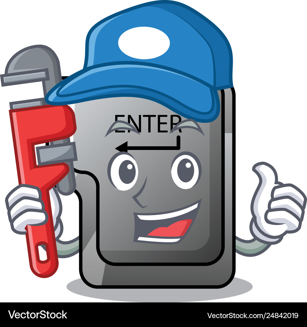Plumber enter button installed on computer cartoon Plumber enter button installed on computer cartoon Vector Image