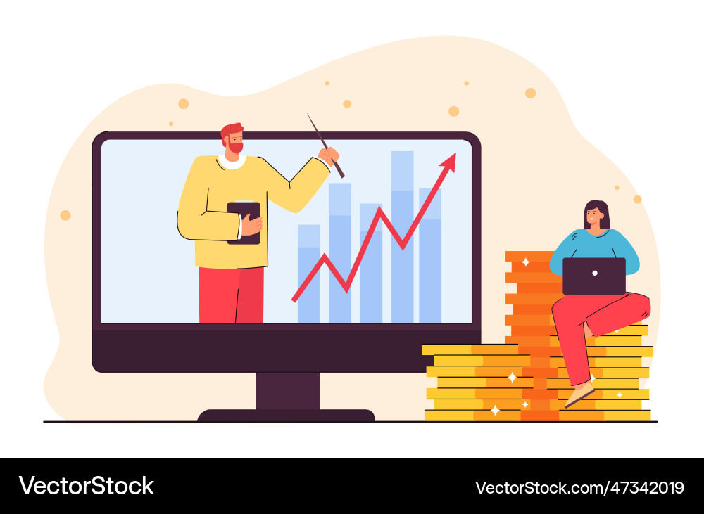 Tiny student watching online lecture on large Tiny student watching online lecture on large vector image