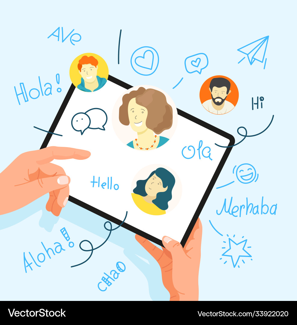 Human gesture using tablet computer say hello Human gesture using tablet computer say hello Vector Image