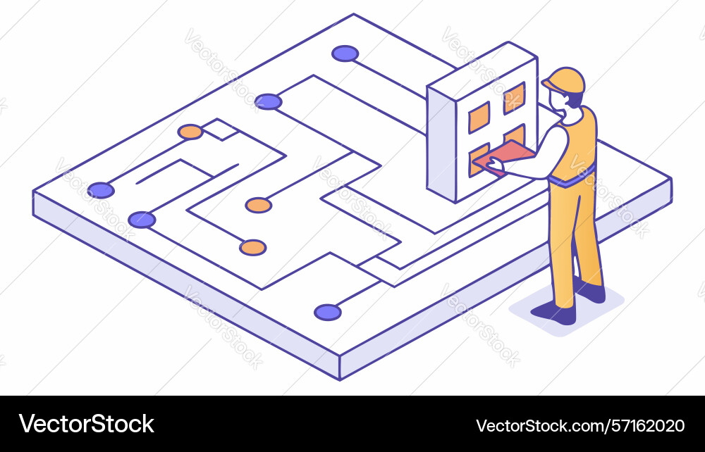 Isometric people solving maze pathfinding puzzle vector image