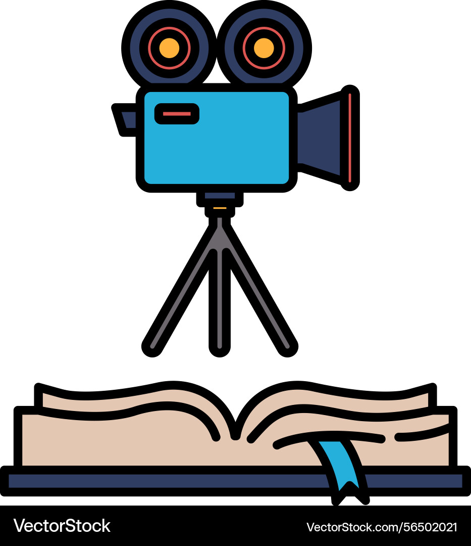 A camera is on tripod next to an open book Vector Image