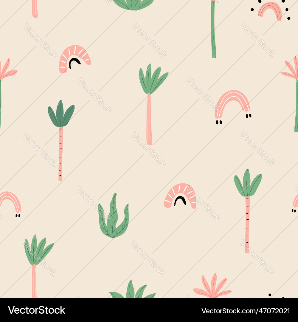 Seamless pattern with palm trees and rainbows vector image