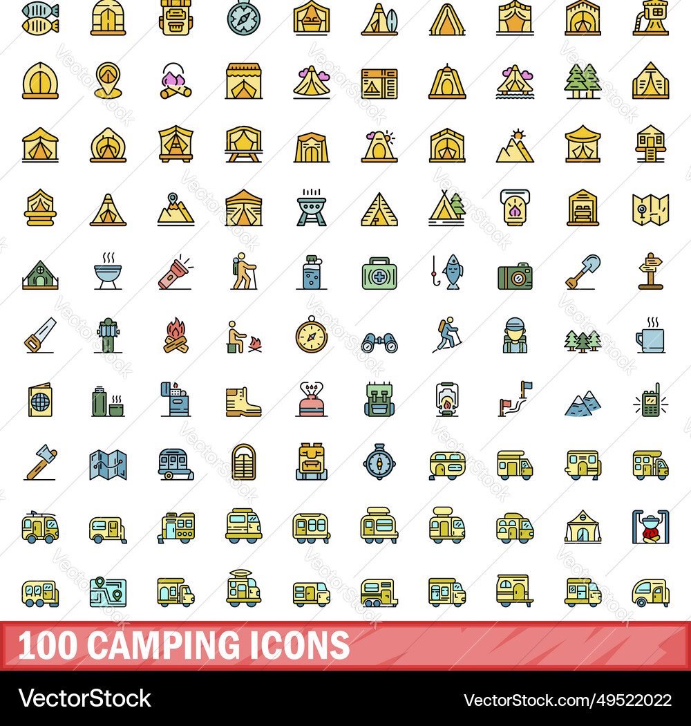 100 camping icons set color line style 100 camping icons set color line style vector image