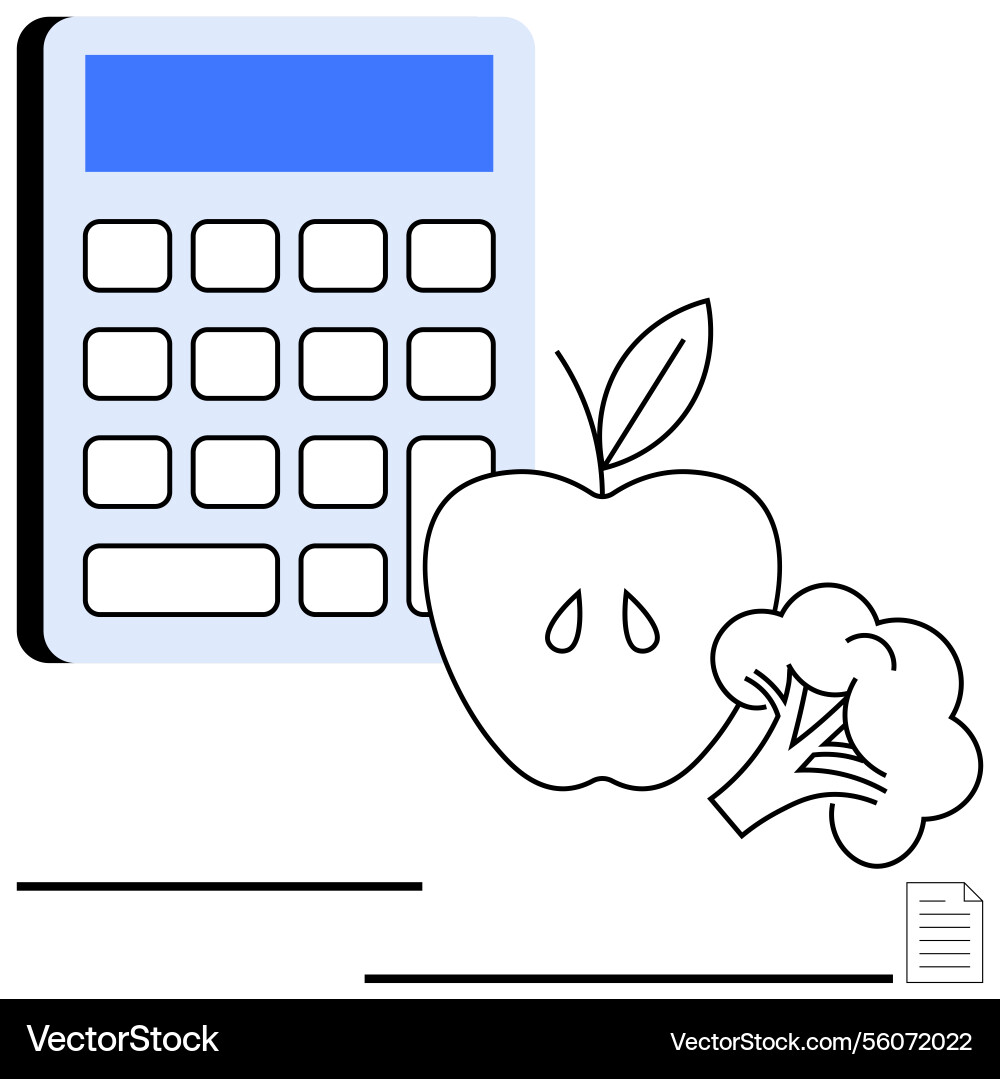 Calculator with apple and broccoli representing Calculator with apple and broccoli representing Vector Image