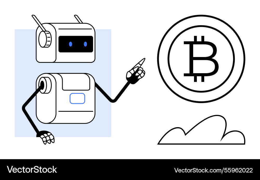 Robot pointing to bitcoin symbol above cloud Robot pointing to bitcoin symbol above cloud vector image