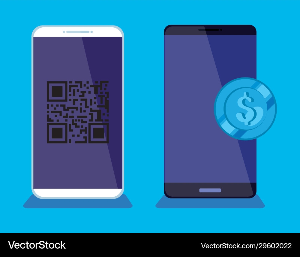 Smartphones with scan code qr and coin Smartphones with scan code qr and coin Vector Image