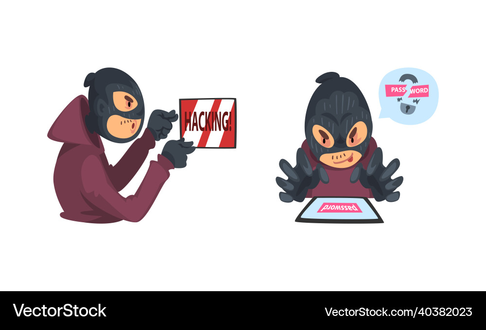Hacker in black mask breaking password and mobile Hacker in black mask breaking password and mobile vector image