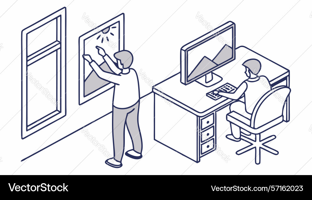 Isometric person working at computer desk Vector Image