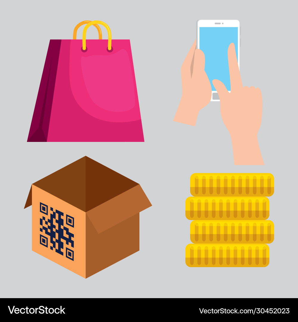 Qr code over box coins bag and smartphone vector image