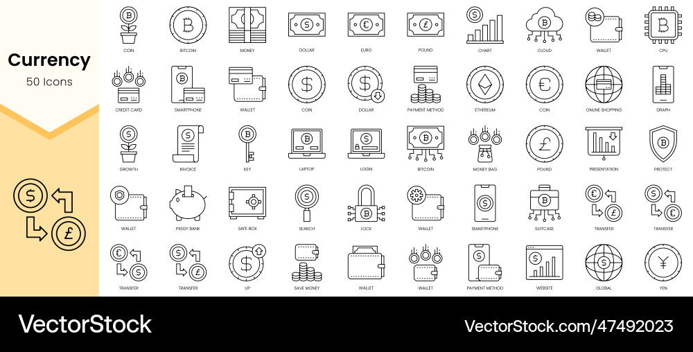 Simple outline set of currency icons linear style Simple outline set of currency icons linear style Vector Image