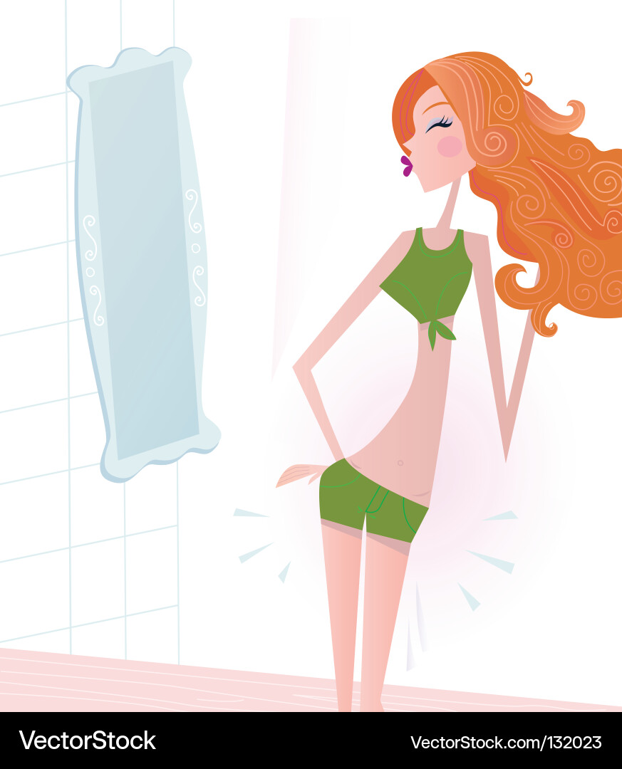 Young Woman Examining Herself in Mirror Vector Image