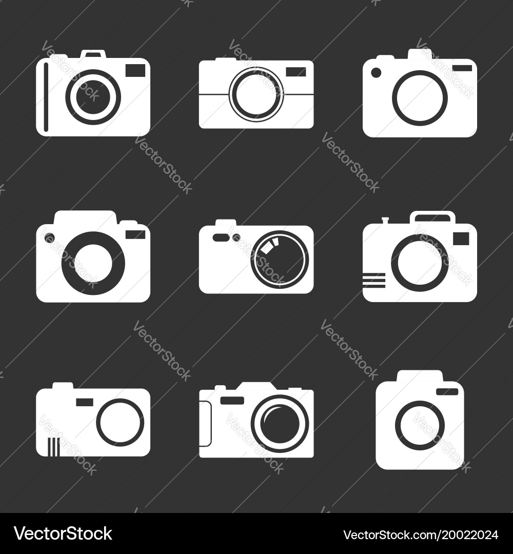 Camera icon set on black background in flat style vector image