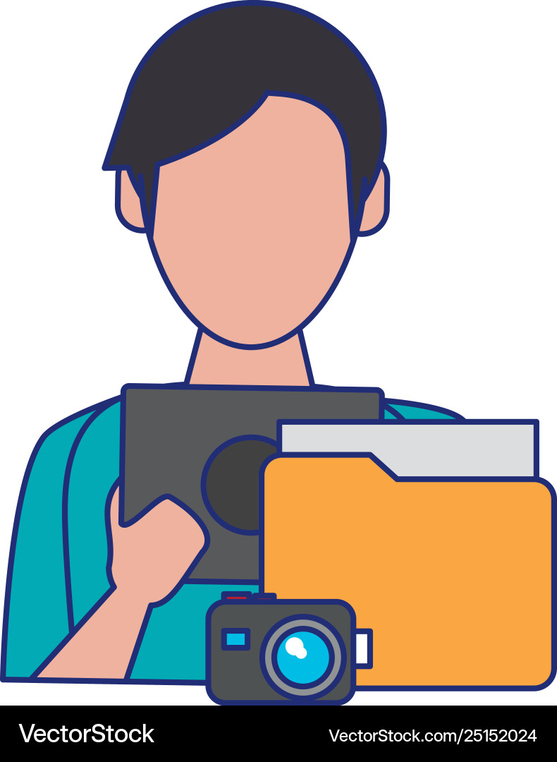 Man using tablet with documents and camera blue Man using tablet with documents and camera blue vector image