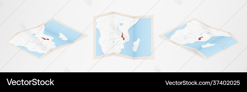 Folded map malawi in three different versions Folded map malawi in three different versions vector image