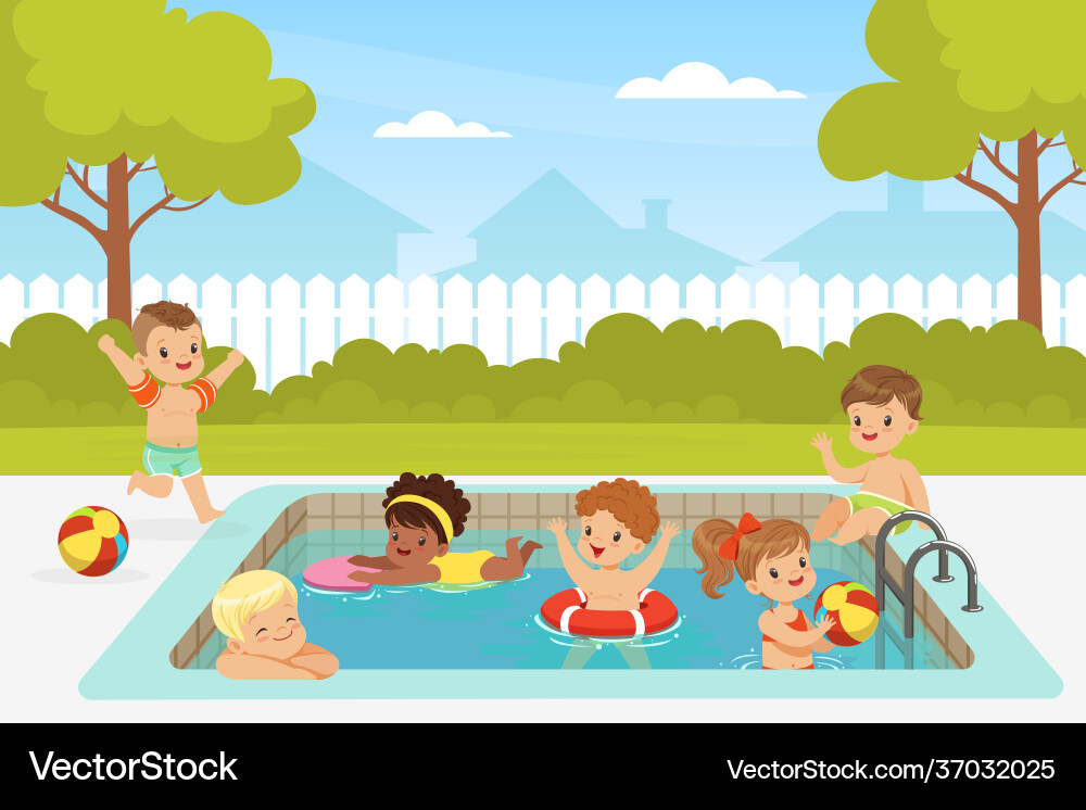 Kids Splashing in Backyard Pool Vector Image