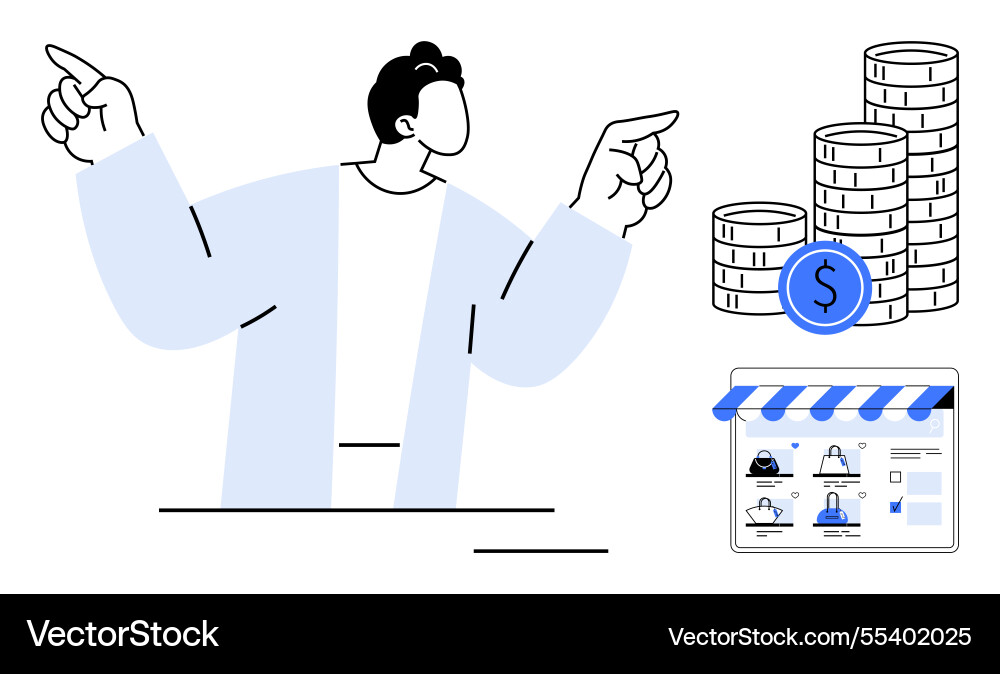 Man pointing upwards with stack of coins Man pointing upwards with stack of coins vector image