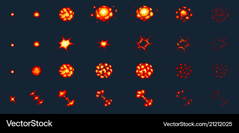 Pixel art explosions game icons set comic boom Pixel art explosions game icons set comic boom vector image