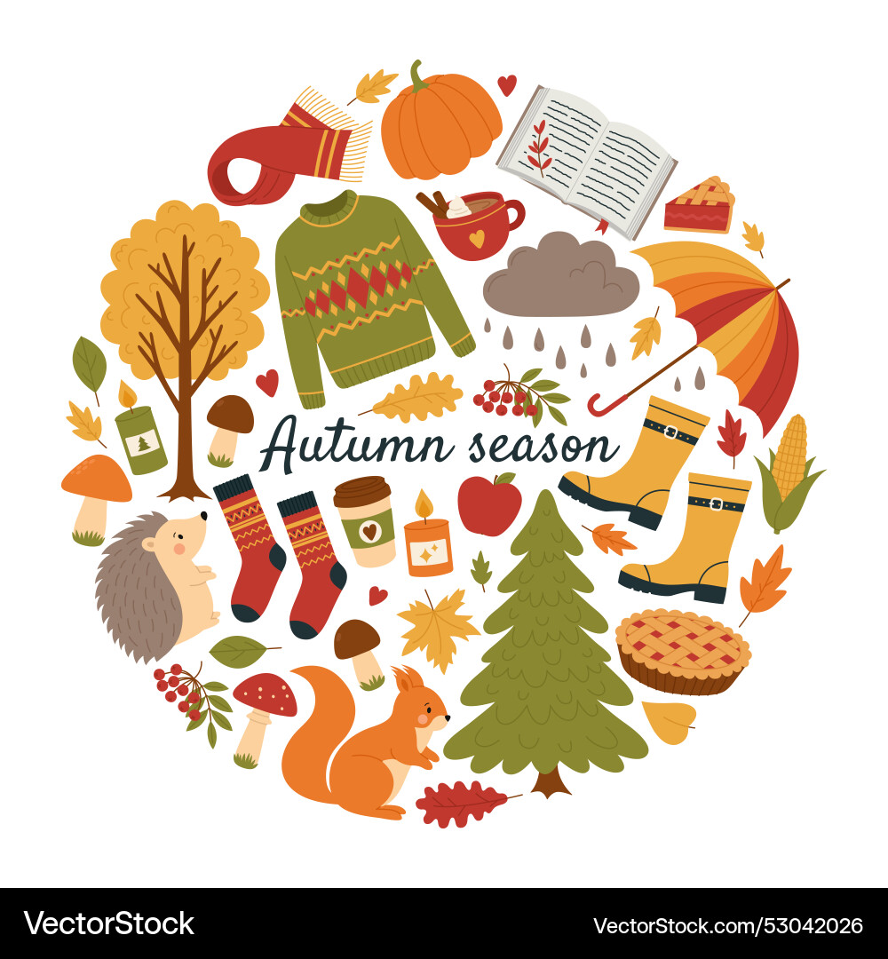 Cozy autumn elements in circle shape with text Cozy autumn elements in circle shape with text vector image