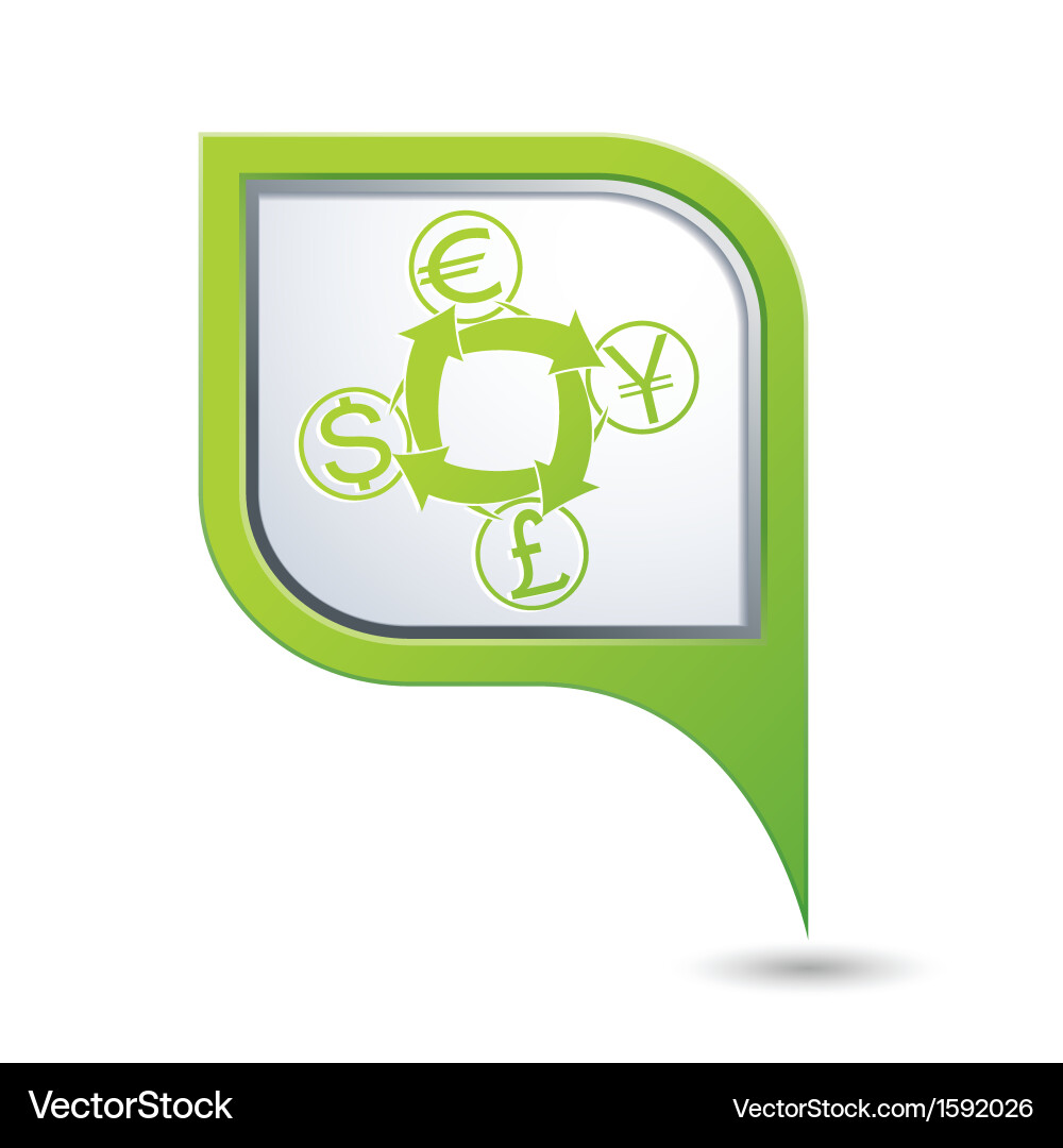 Currency exchange icon on green map pointer vector image