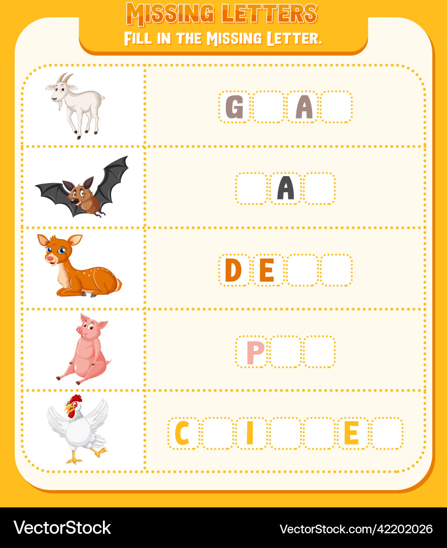 Fill the missing letter of each word worksheet Vector Image