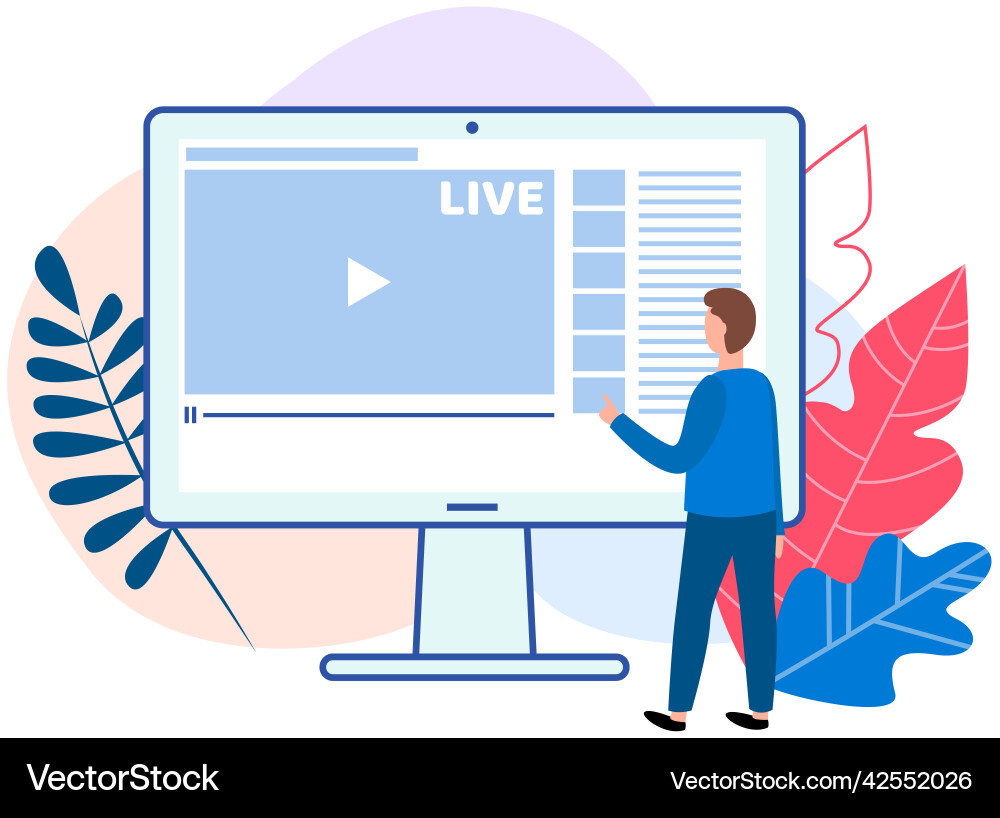 Guy with computer turns on video player screen Vector Image