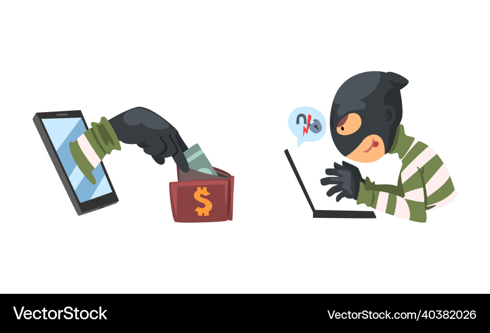 Hacker in black mask breaking password and mobile Hacker in black mask breaking password and mobile vector image