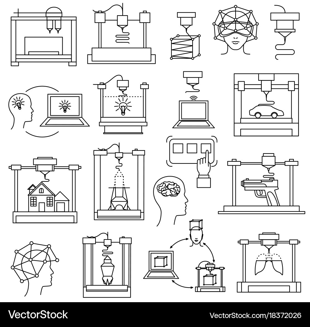 Line icons set of 3d printing modeling vector image