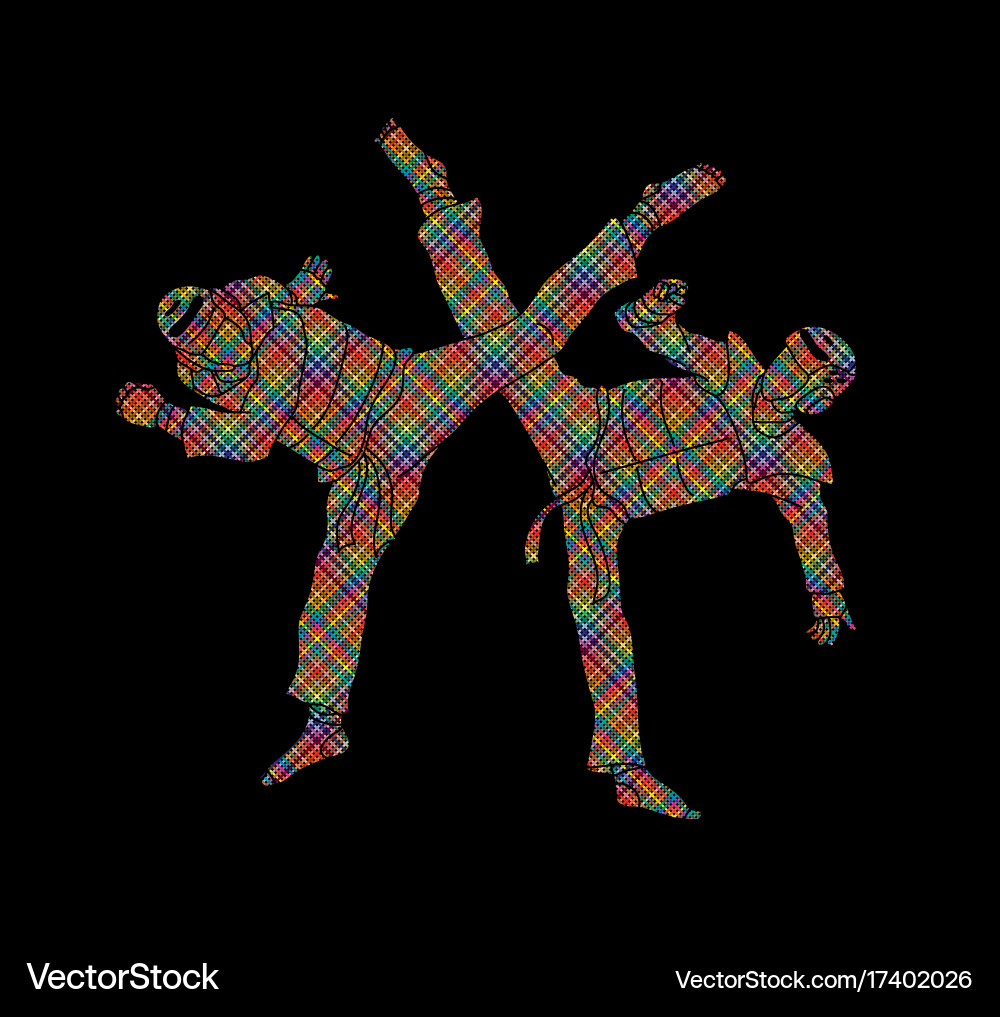 Taekwondo fighting designed using colorful pixels vector image