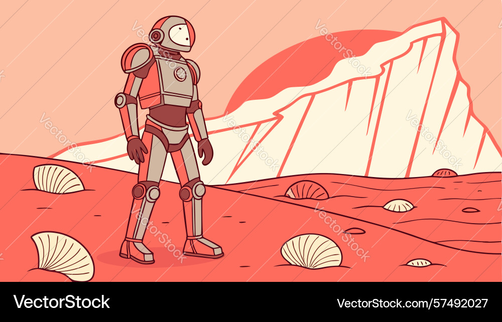 Astronaut on alien red planet with shells surreal vector image
