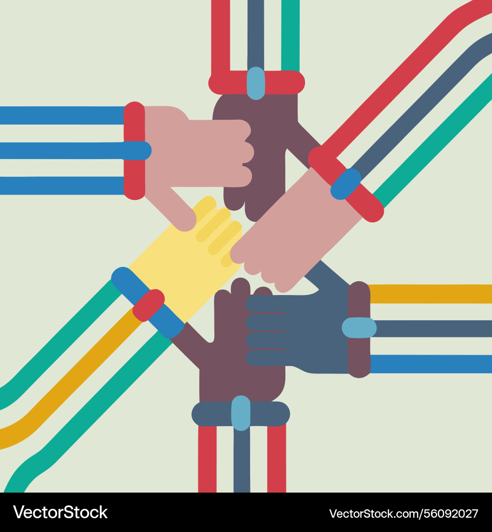 Diverse hands joined together in unity showing Vector Image