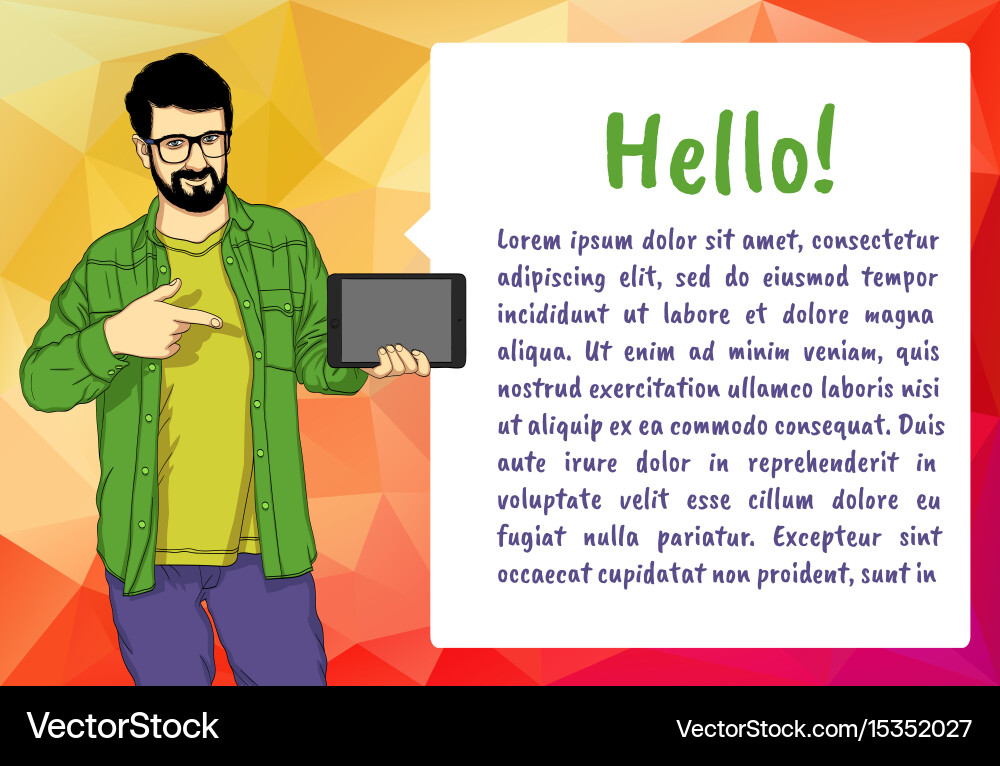 Man showing something displayed on tablet pc vector image