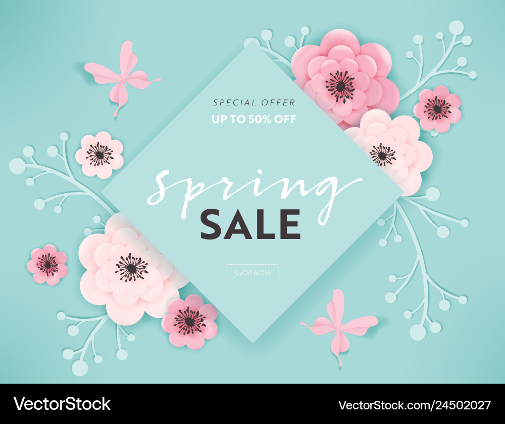 Spring sale banner background paper cut flowers Spring sale banner background paper cut flowers vector image