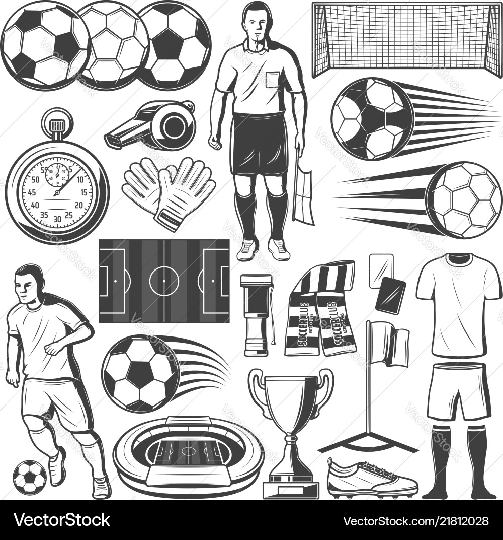 Fußball- oder Fußballsport-Ausrüstungssymbole Fußball- oder Fußballsport-Ausrüstungssymbole vektorbild