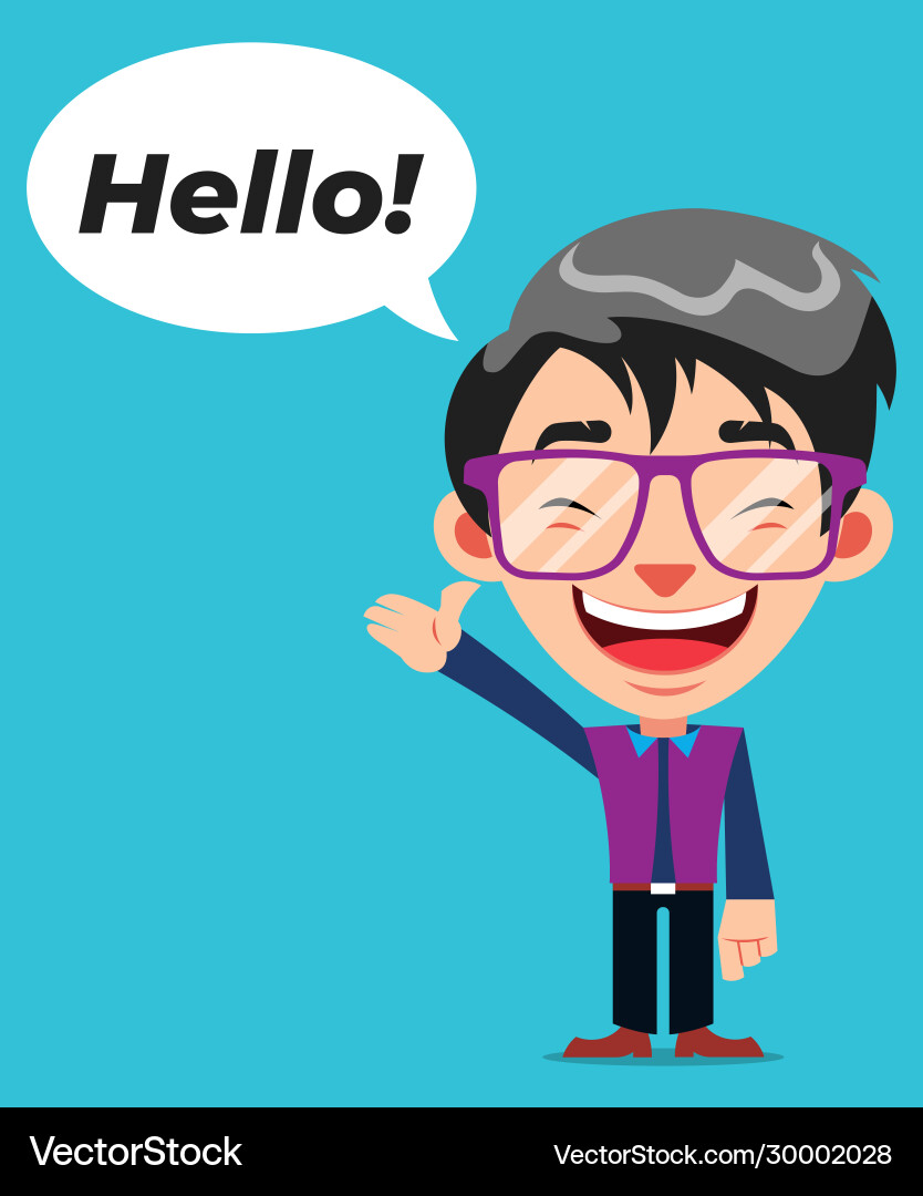 Funny guy cartoon character with glasses say hello Funny guy cartoon character with glasses say hello vector image