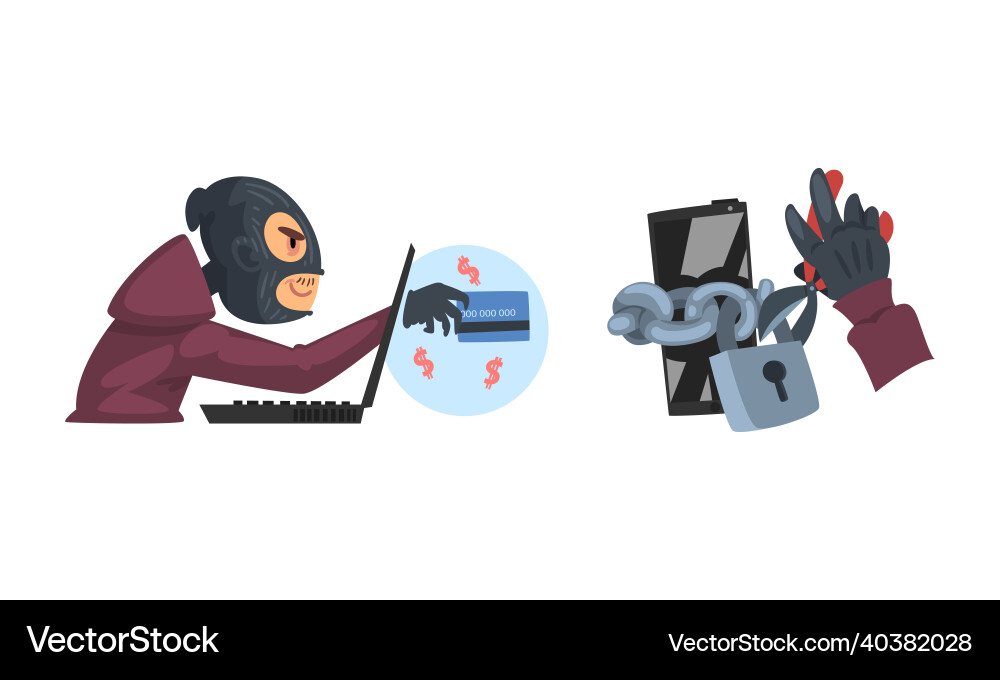 Hacker in black mask breaking password and mobile Hacker in black mask breaking password and mobile vector image