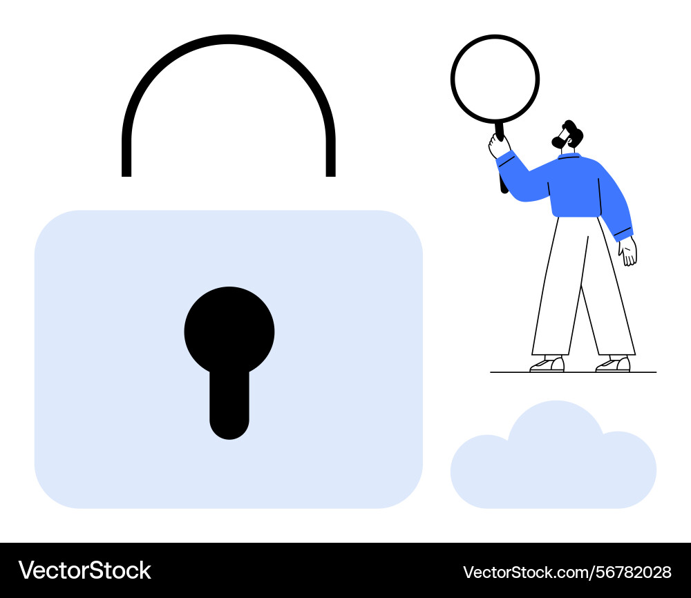 Man examining large lock with magnifying glass vector image