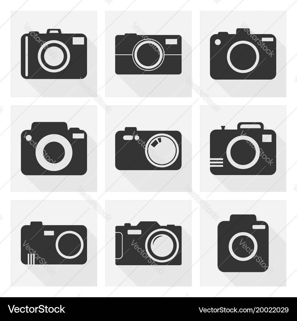Camera icon set on white background with long vector image