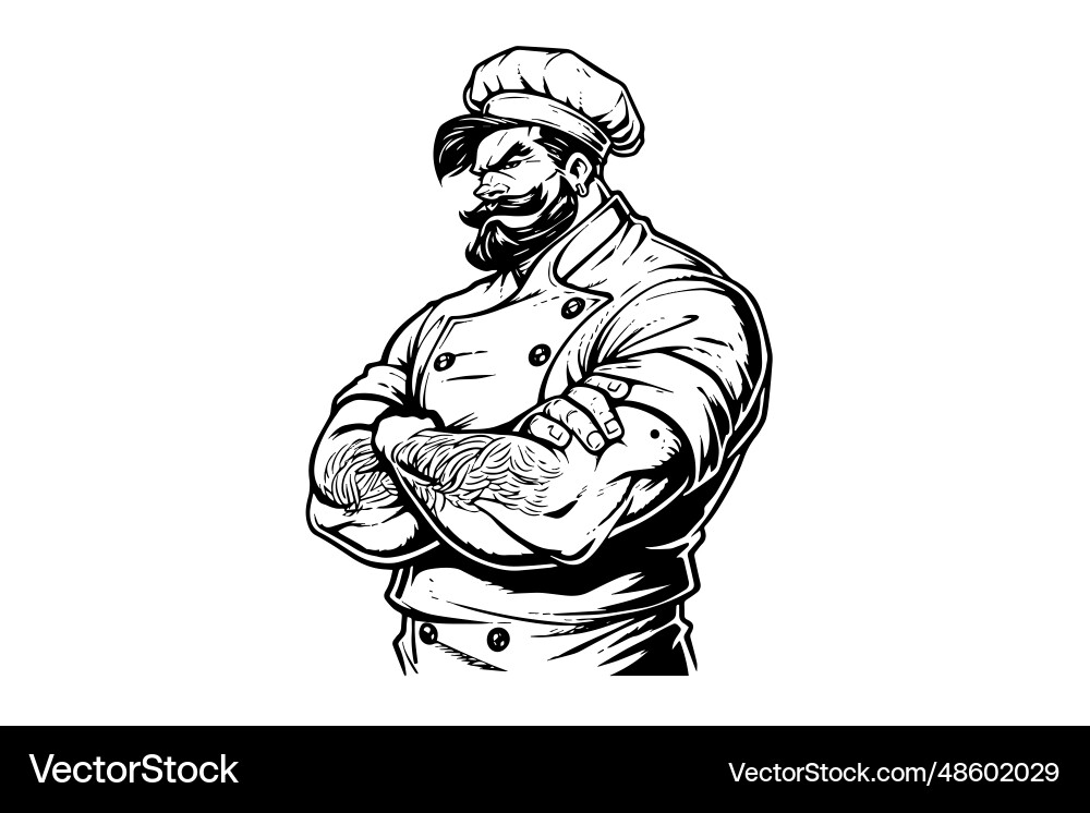 Chef in a hat with crossed arm pose logotype Chef in a hat with crossed arm pose logotype vector image